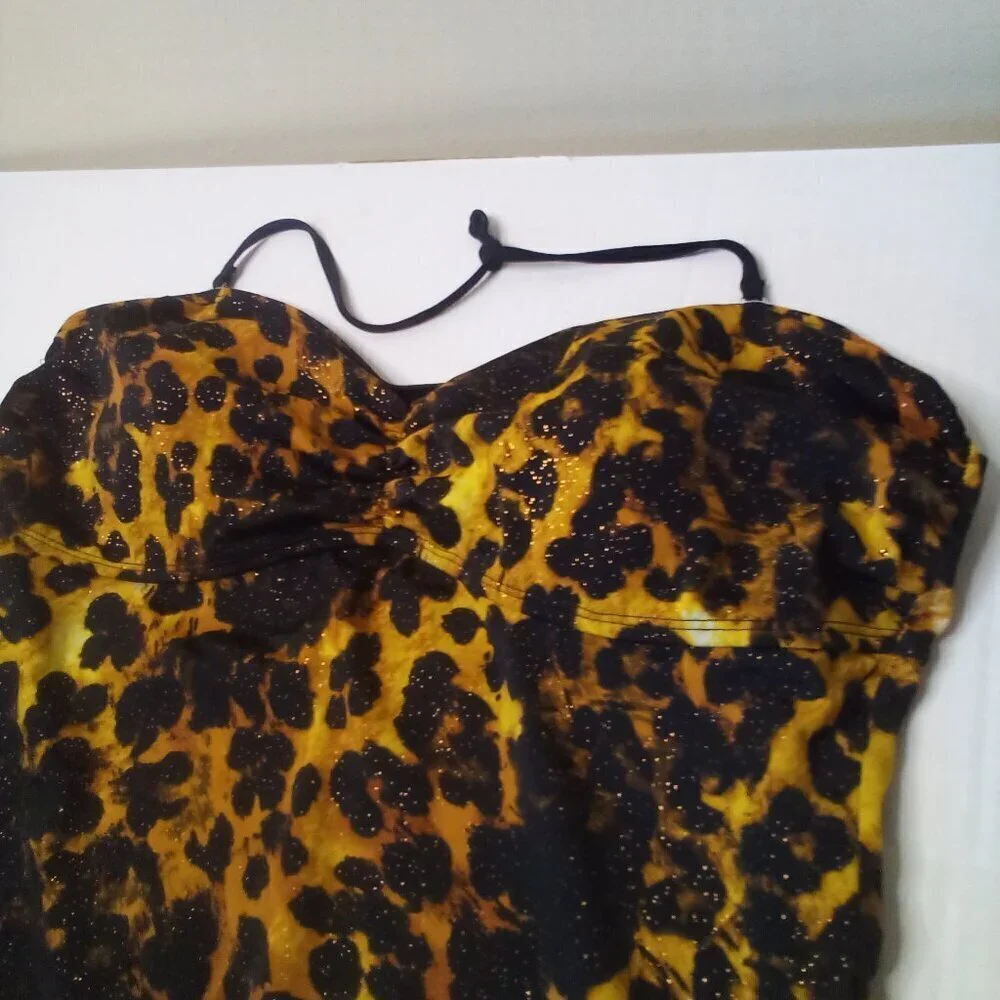 Jaclyn Smith Tankini Top Women 18 Swim Halter Padded Cup Animal Print Black Gold